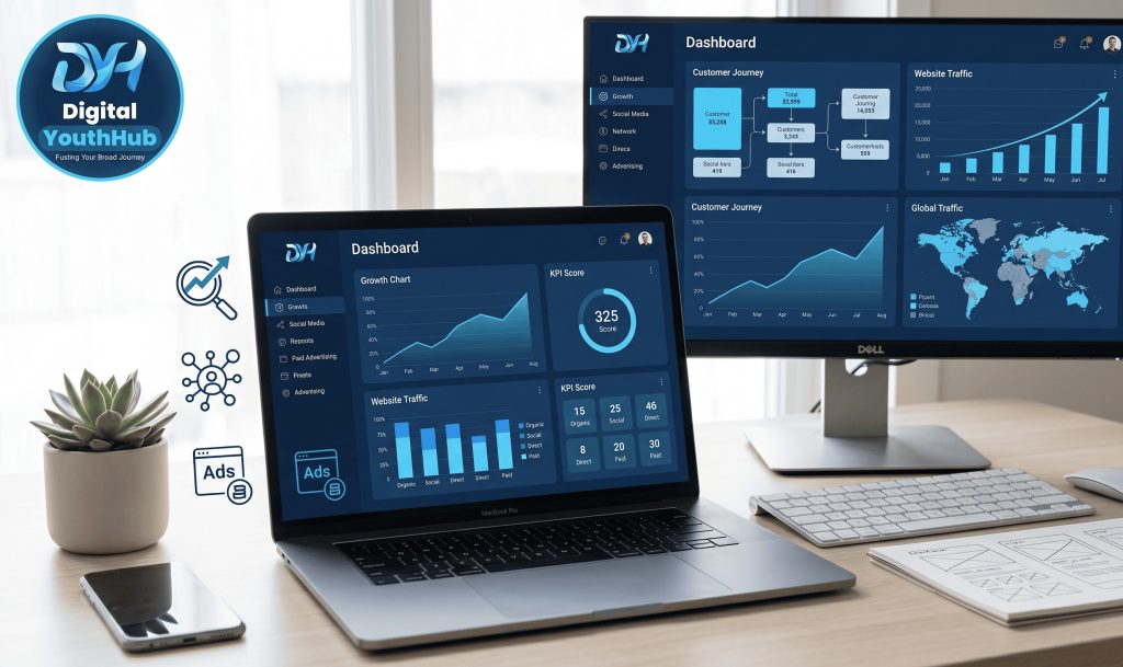 digital marketing for startups dashboard showing analytics and growth metrics